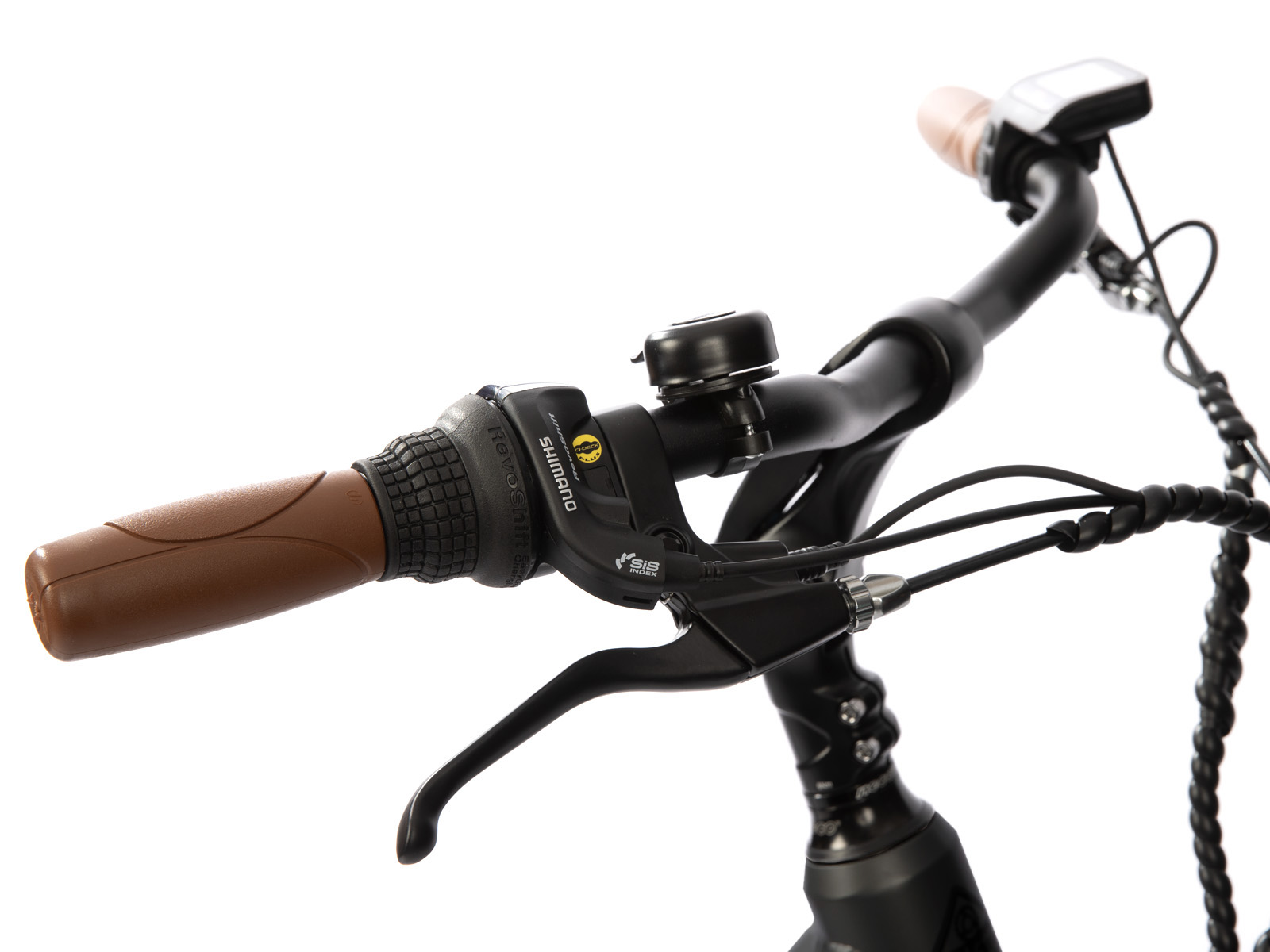 Close-up of a bicycle handlebar with controls. Brown grip on the left, black brake lever on the right.