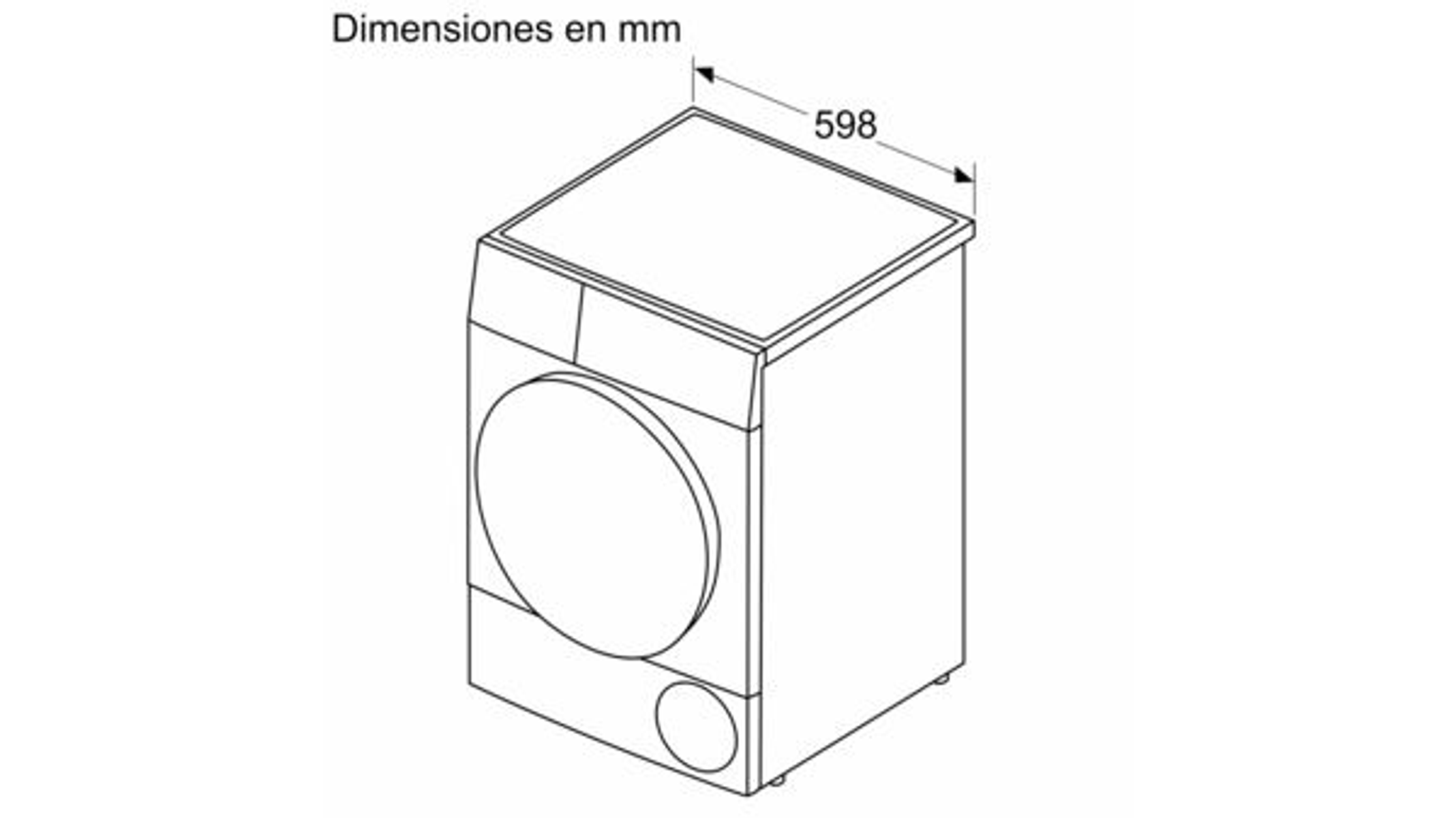 Dibujo lineal de una máquina con la medida de 598 mm en la parte superior.