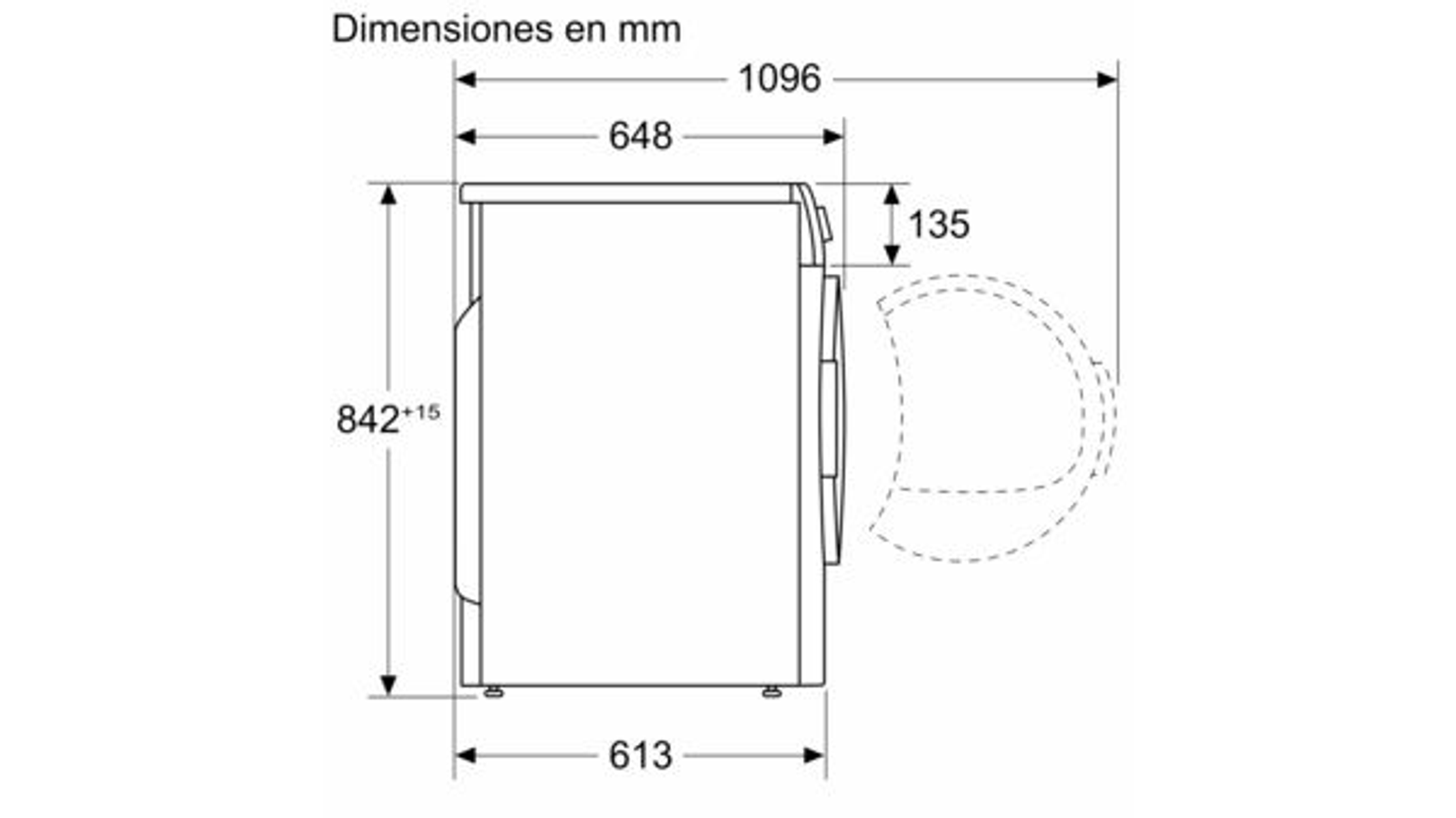 Vista lateral de una lavadora con dimensiones en mm.