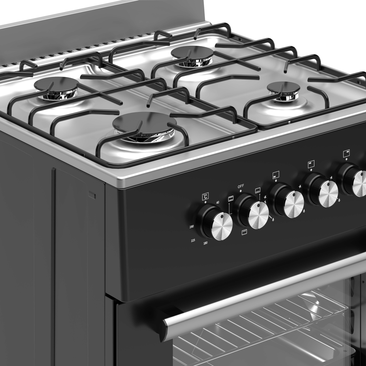 Black and silver gas stove with knobs, on a white background.