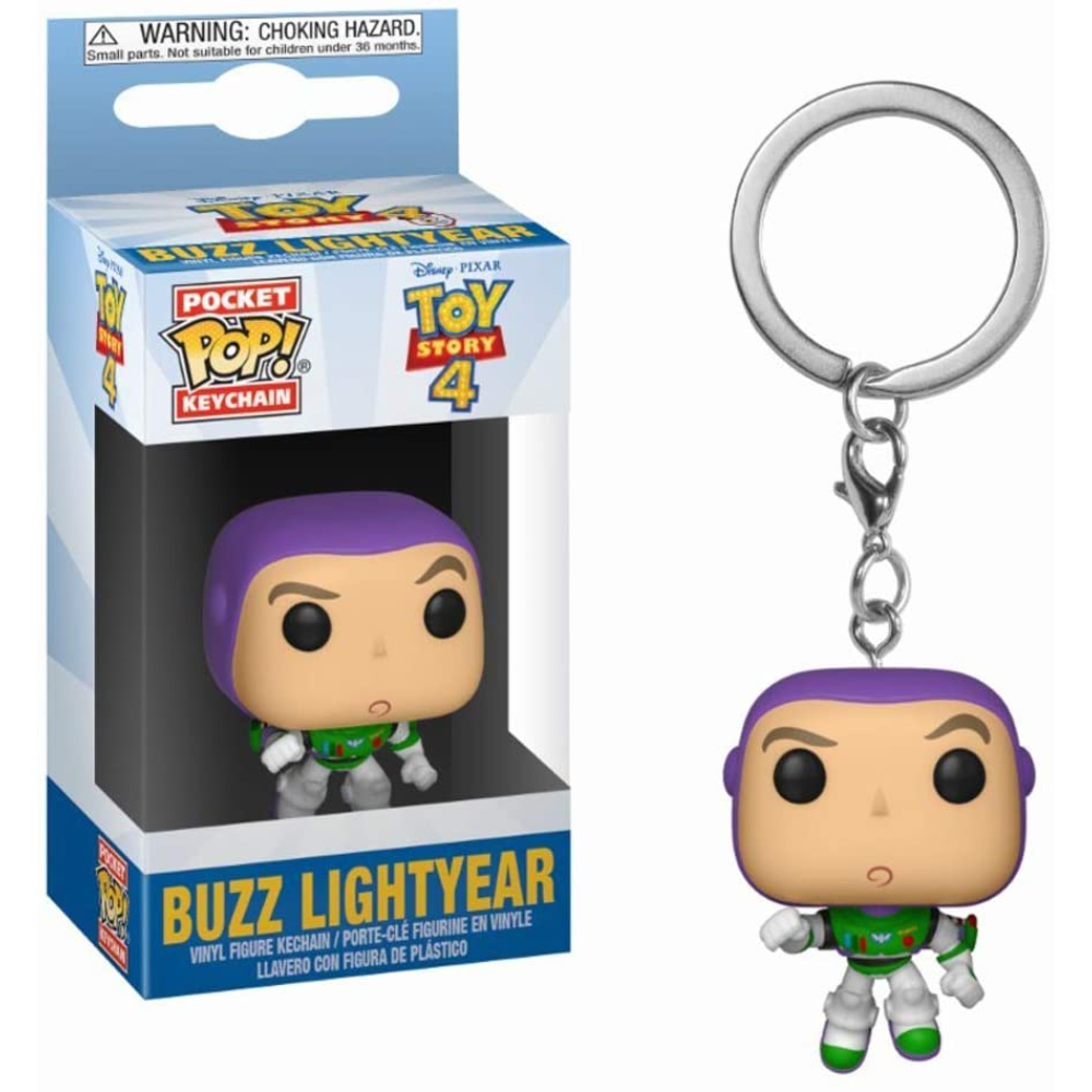 Buzz Lightyear Pocket Pop Schlüsselanhänger in der Box. Der Schlüsselanhänger ist ein Buzz Lightyear Spielzeug.