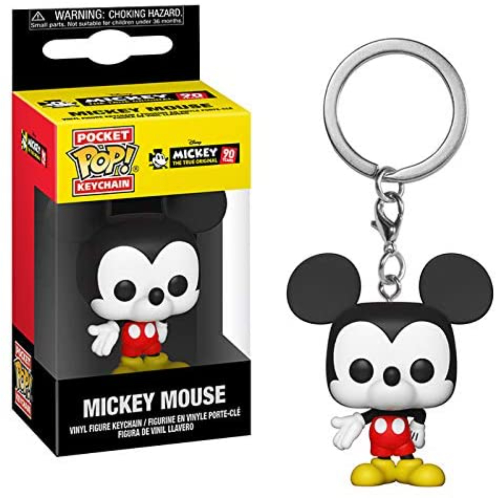 Porte-clés Mickey Mouse Pocket Pop dans sa boîte et le porte-clés Mickey Mouse.