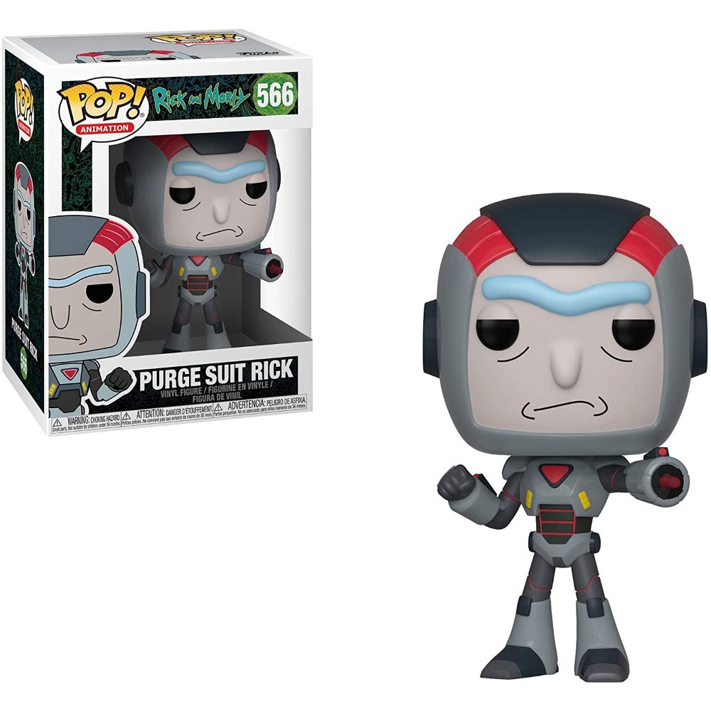 Eine Funko Pop Figur von 'Purge Suit Rick' aus Rick and Morty, in und aus der Box.