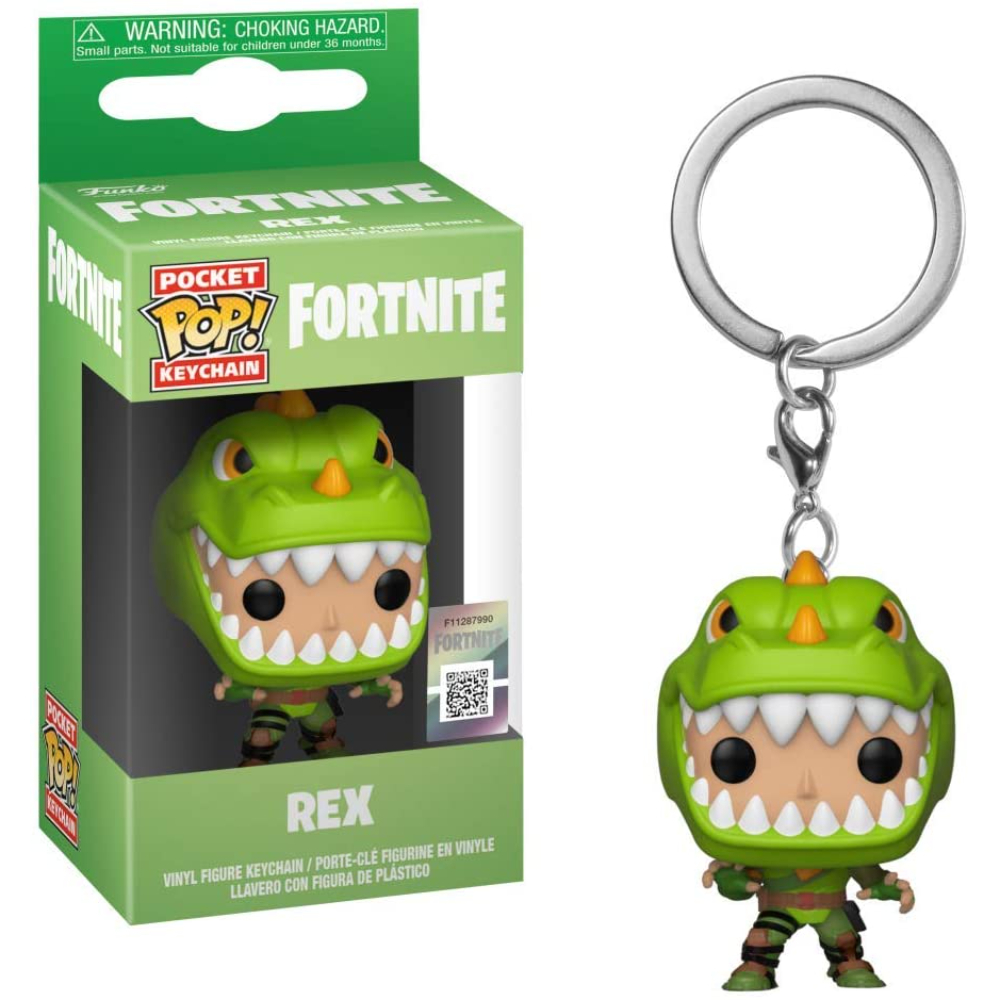 Funko Pocket Pop! Fortnite Rex Schlüsselanhängerfigur in einer grünen Box. Enthält ein Bild der Figur.