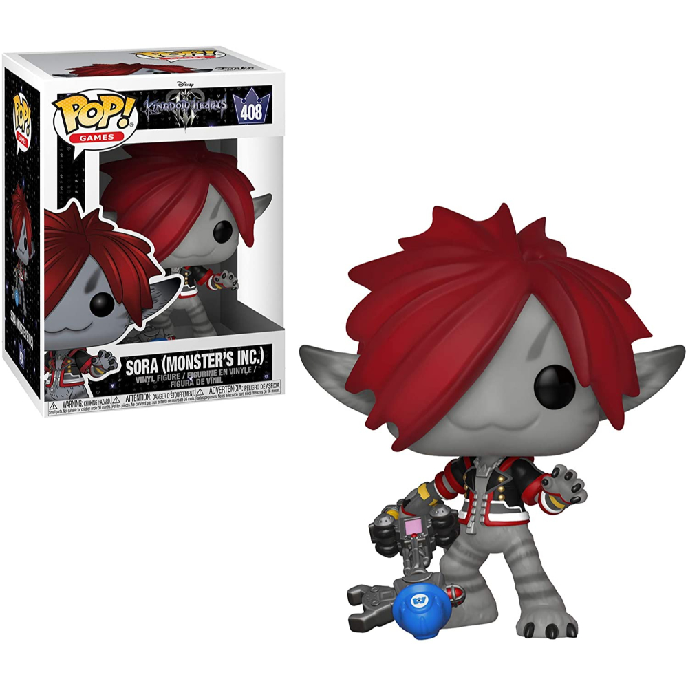 Eine Sora (Monster's Inc.) Funko Pop Figur in und aus der Box. Rotes stacheliges Haar, graue Haut und eine blaue Waffe.