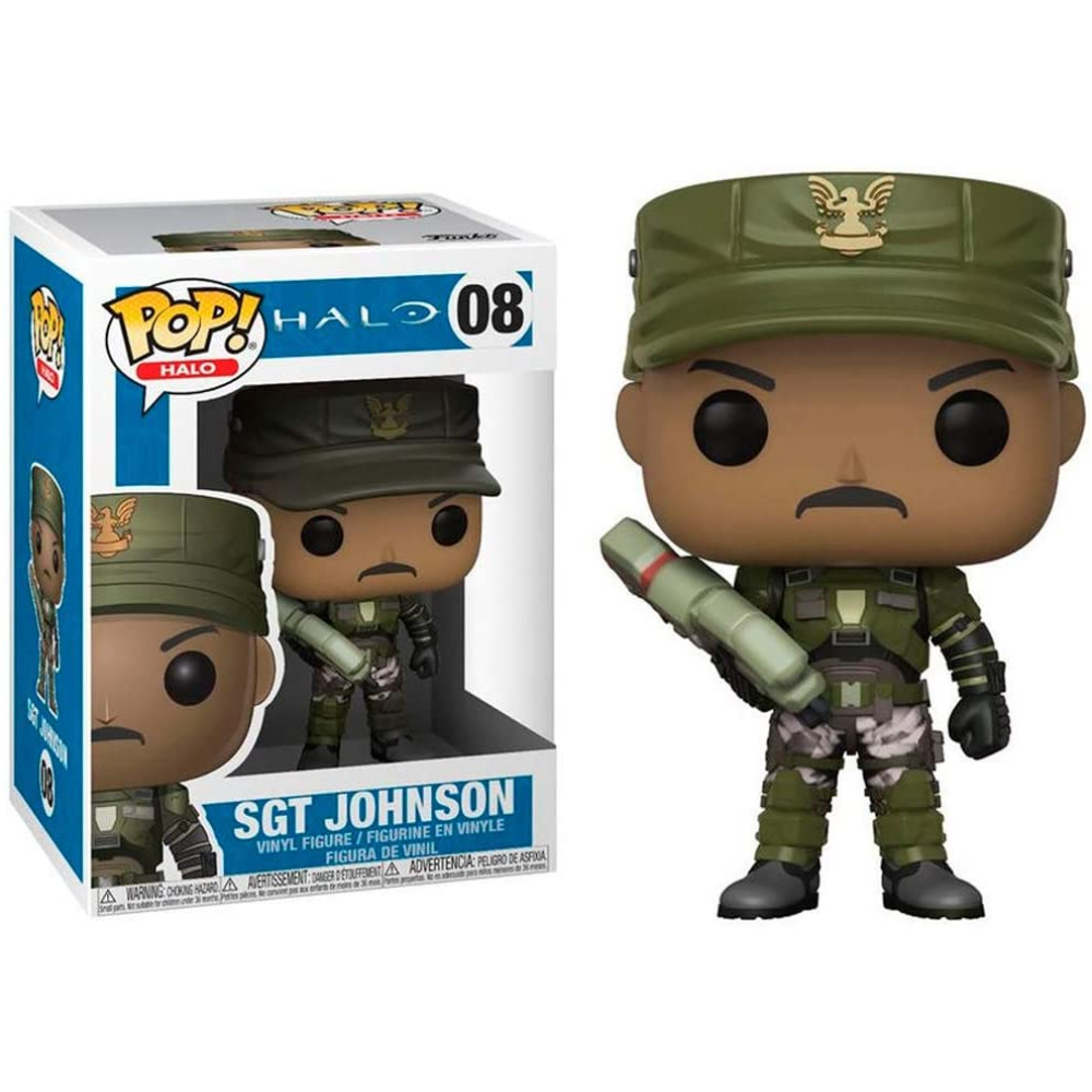 Figura Funko Pop! de Sgt. Johnson de Halo, en embalaje y de pie.