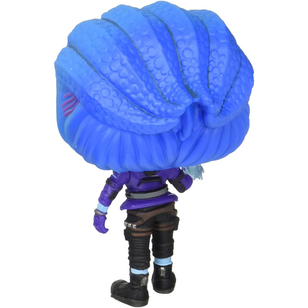 Blaue Spielzeugfigur, Rückansicht. Lila Outfit und blaue Haare.