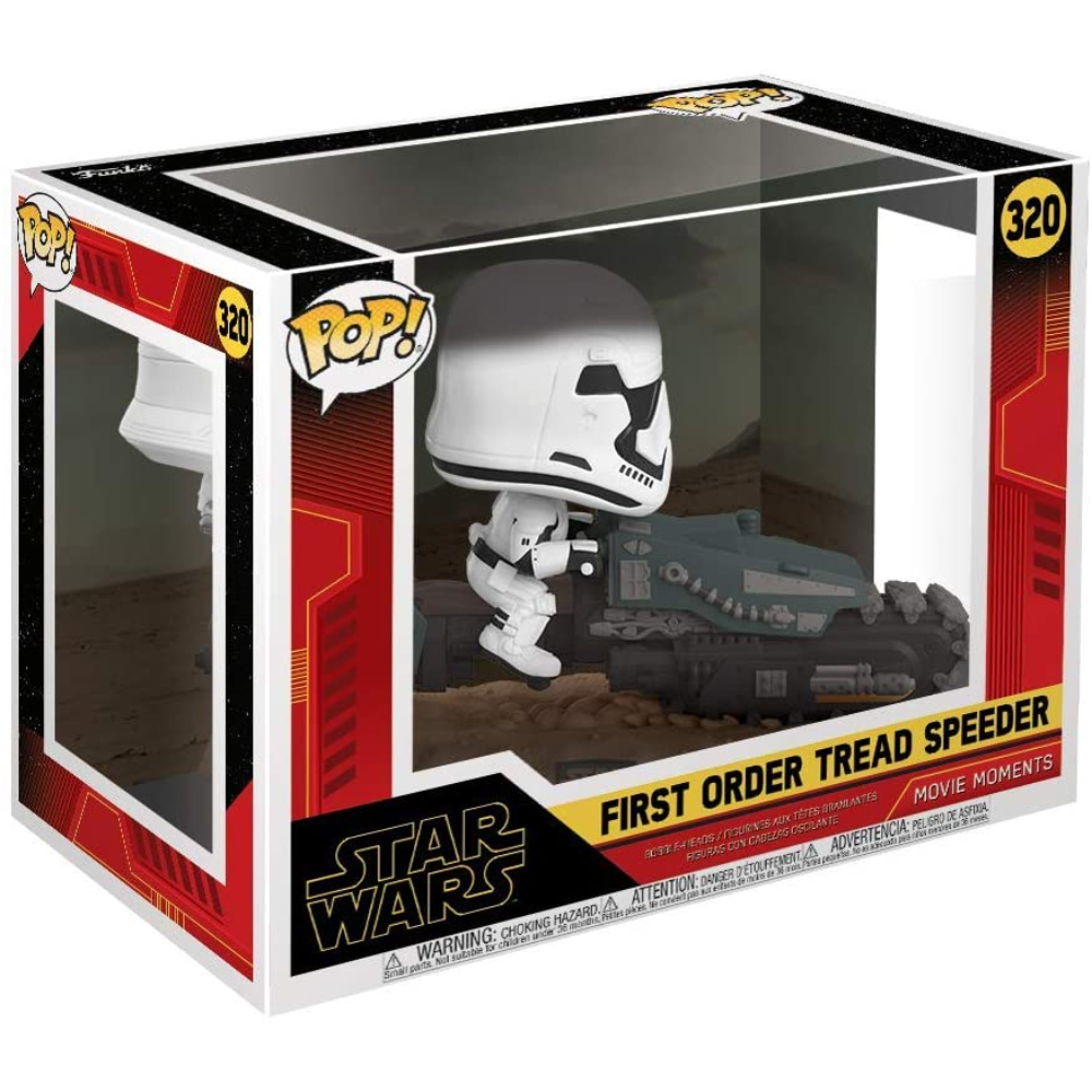 Star Wars Spielzeug. Ein Sturmtruppler reitet einen First Order Tread Speeder.