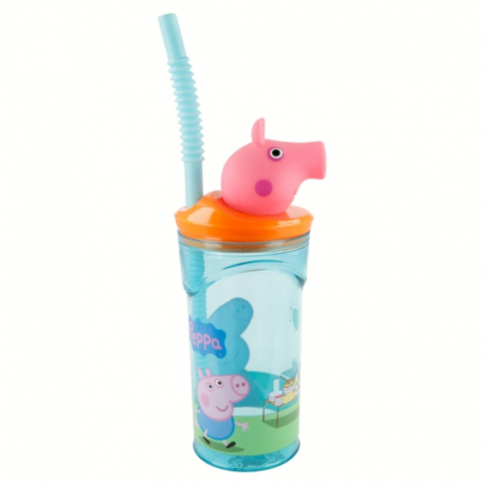 Peppa Wutz Becher mit blauem Körper, orangefarbenem Deckel und einem rosa Schweinekopf-Strohhalmaufsatz.