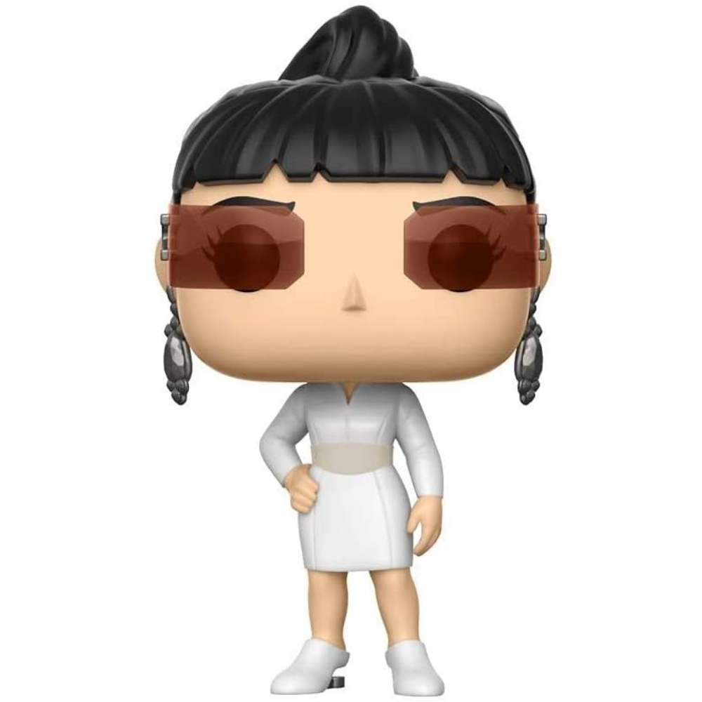Eine Funko Pop-Figur einer Frau mit schwarzen Haaren, Sonnenbrille und weißem Kleid.