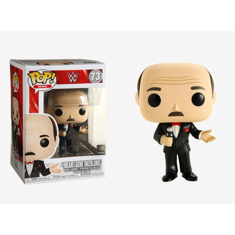 Figurina Funko Pop di Gene Okerlund in abito, con scatola con la stessa immagine.