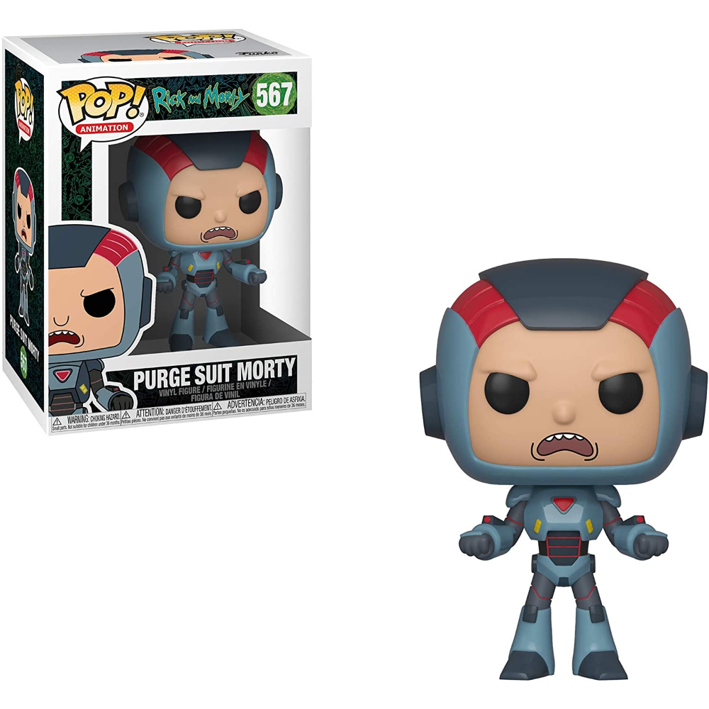 Eine Purge Suit Morty-Figur aus der Rick and Morty-Serie in ihrer Box und außerhalb.