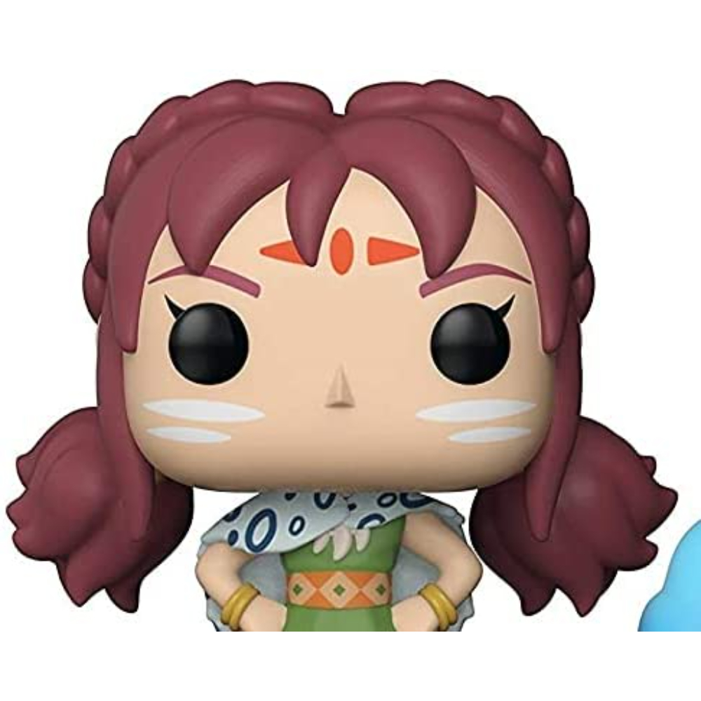 Funko Pop Figur eines Mädchens mit roten Haaren, weißer Gesichtsfarbe und grüner Kleidung. Weißer Hintergrund.