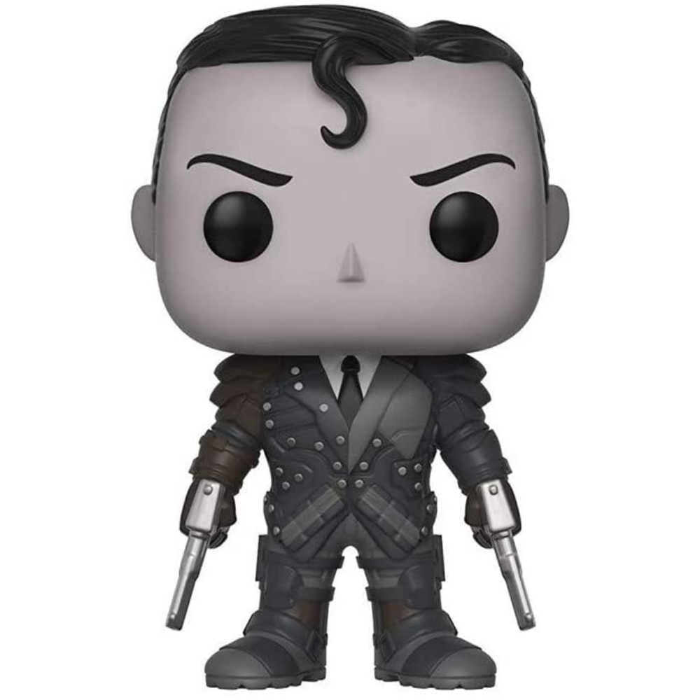 Una figura Funko Pop di un personaggio di fumetti dalla pelle grigia con un abito nero e accessori argentati.