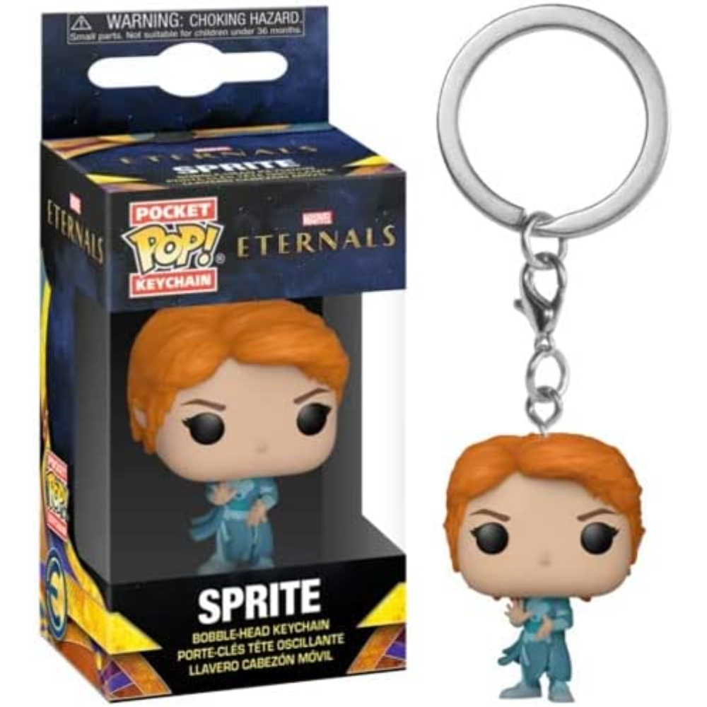 Pocket Pop Schlüsselanhänger von Sprite aus dem Eternals-Film, in Box und separat.