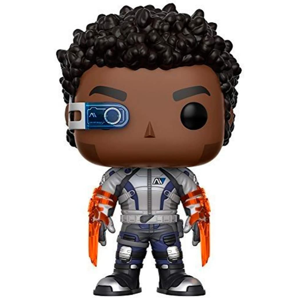 Figura Funko Pop di un uomo nero con equipaggiamento futuristico.