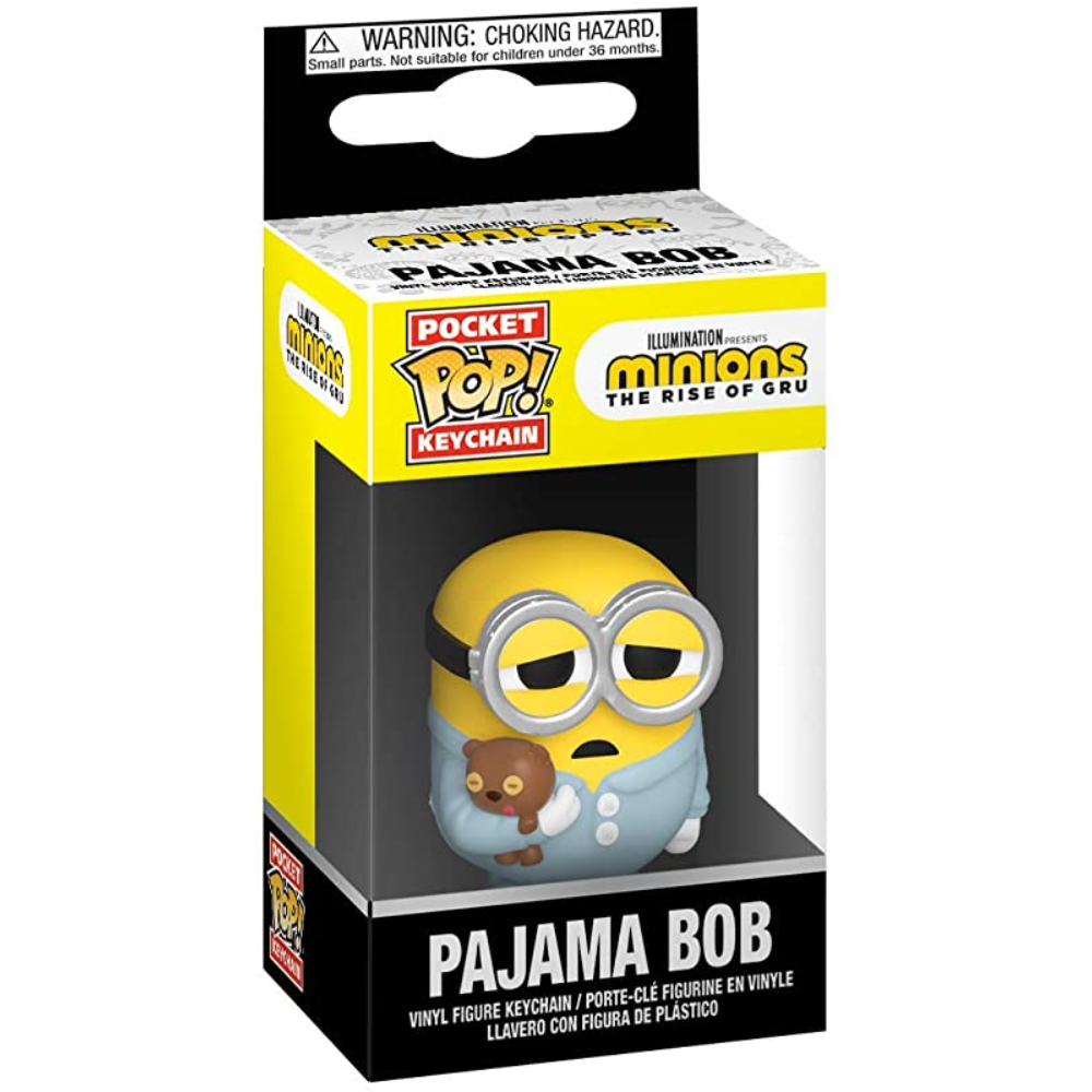Minions Pajama Bob Schlüsselanhänger in einer Box. Bob hält einen Teddybären, im Pyjama.
