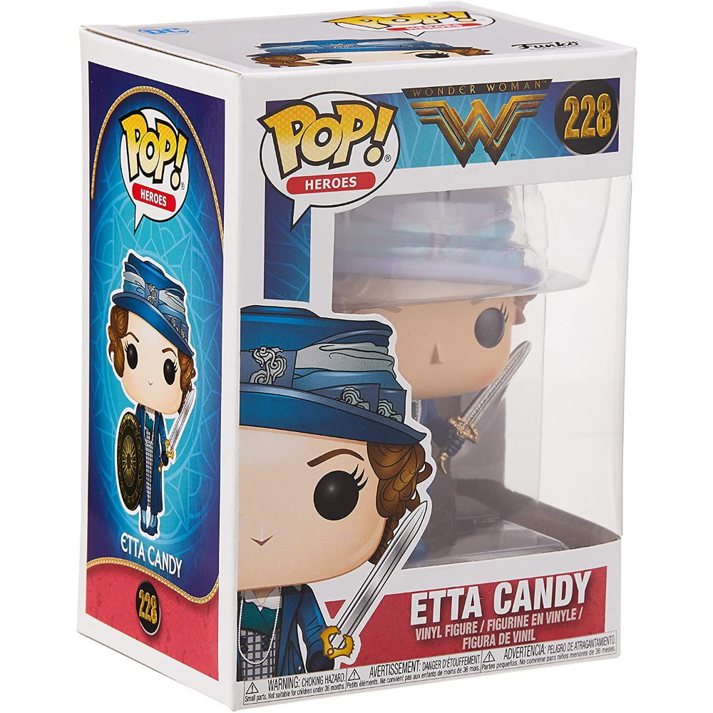 Wonder Woman Etta Candy-Figur in einer Box, die ein Schwert hält. Die Box zeigt die Figur und das Logo.