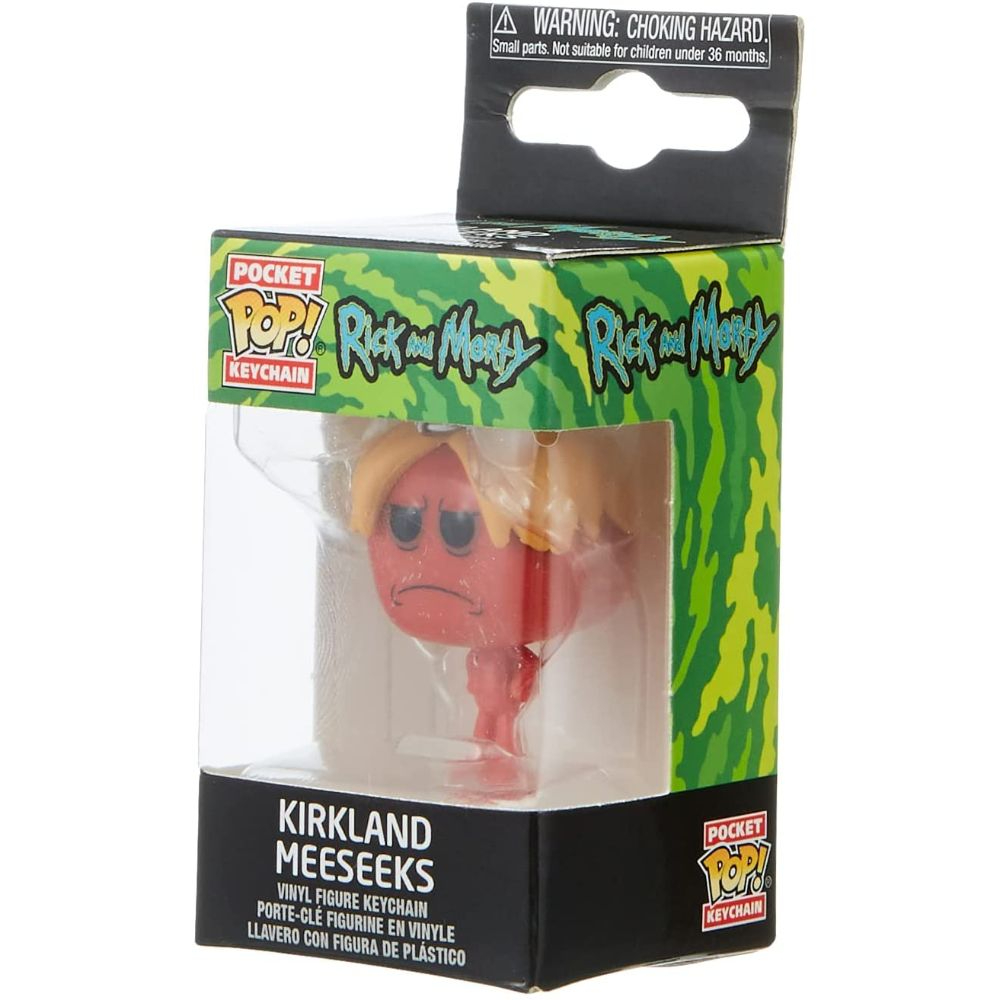 Eine rote Kirkland Meeseeks Pocket Pop! Schlüsselanhängerfigur in einer durchsichtigen Box.