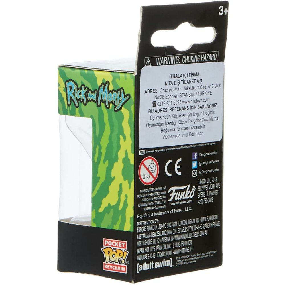 Eine Funko Pocket Pop! Keychain-Box für Rick und Morty. Die Box ist grün und hat eine transparente Vorderseite mit der Figur.