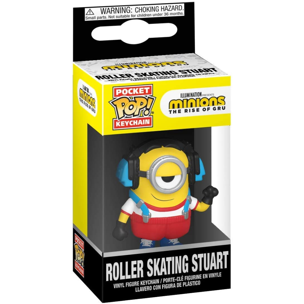 Minions Stuart Schlüsselanhänger in einer gelben Box. Rollschuhfahrender Minion mit Kopfhörern, weißer Hintergrund.