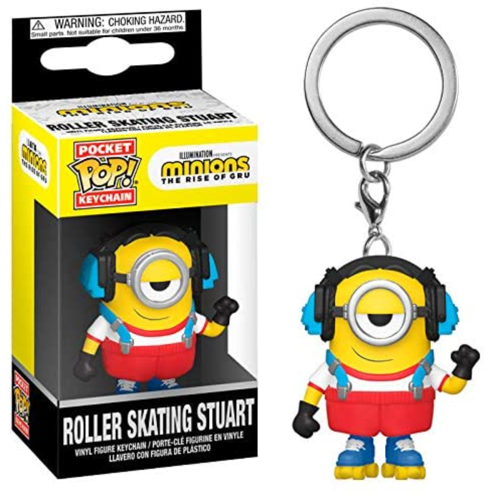 Ein Minion-Schlüsselanhänger in einer Box. Es ist Roller Skating Stuart aus Minions: The Rise of Gru, Pocket Pop!
