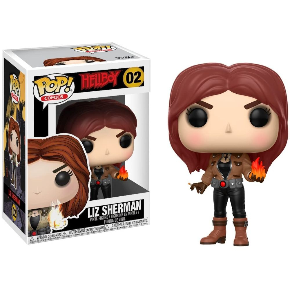 Figura Funko Pop di Liz Sherman con scatola. Tiene una fiamma e indossa una giacca marrone.