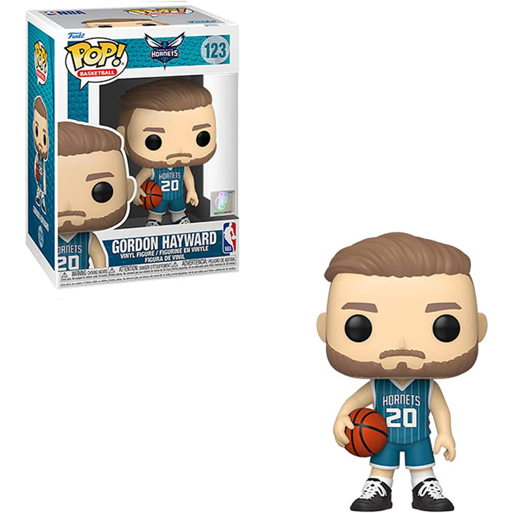 Funko Pop-Figur von Gordon Hayward im Hornets-Trikot, der einen Basketball hält. Boxed und unboxed Versionen.