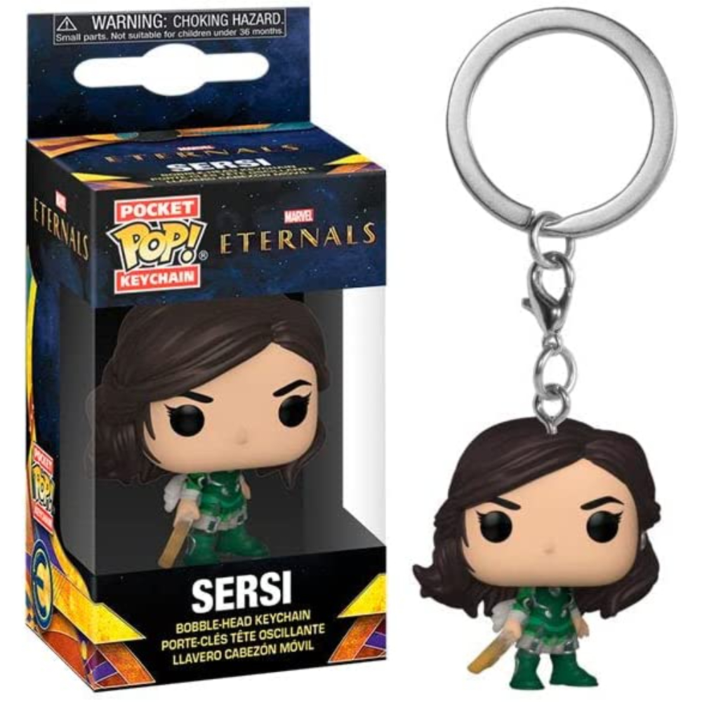 Pocket Pop Schlüsselanhänger einer Sersi-Figur aus Marvels Eternals, in und außerhalb der Box.