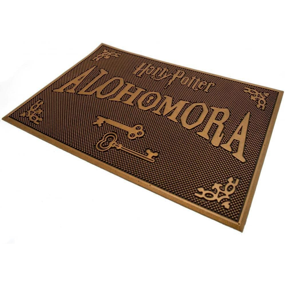 Felpudo con las palabras 'Alohomora' y llaves. Tema de Harry Potter.