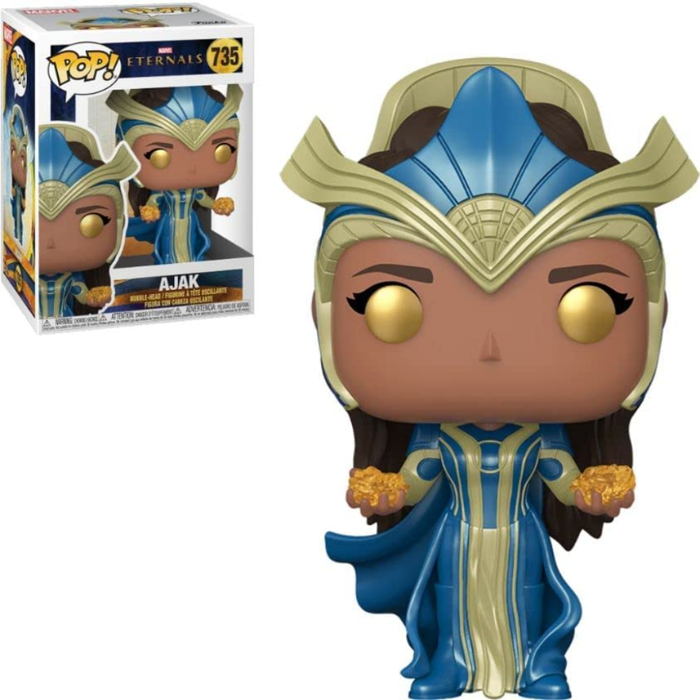 Funko Pop! Vinylfigur von Ajak, einem Marvel-Charakter aus Eternals. Sie trägt blaue und goldene Kleidung.