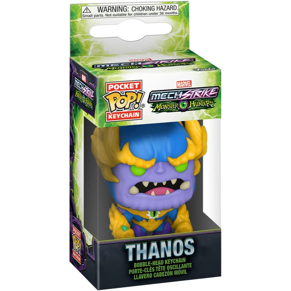 Figura de llavero Thanos Pocket Pop! en caja; monstruo morado y azul.