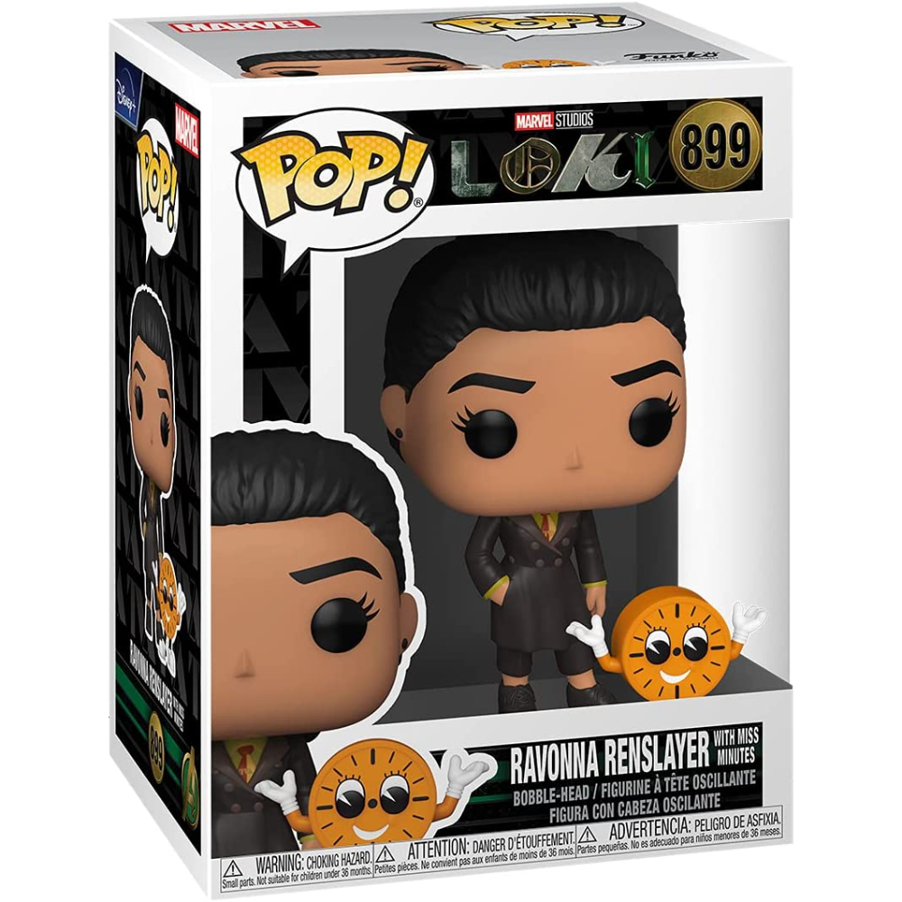 Figura Funko Pop! de Ravonna Renslayer. En caja, con imágenes y advertencias.