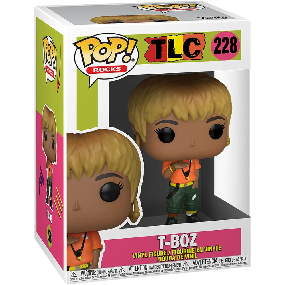 Funko Pop! Rocks T-Boz Figur in einer Box. Die Figur hat ein gelbes Hemd und eine grüne Hose.