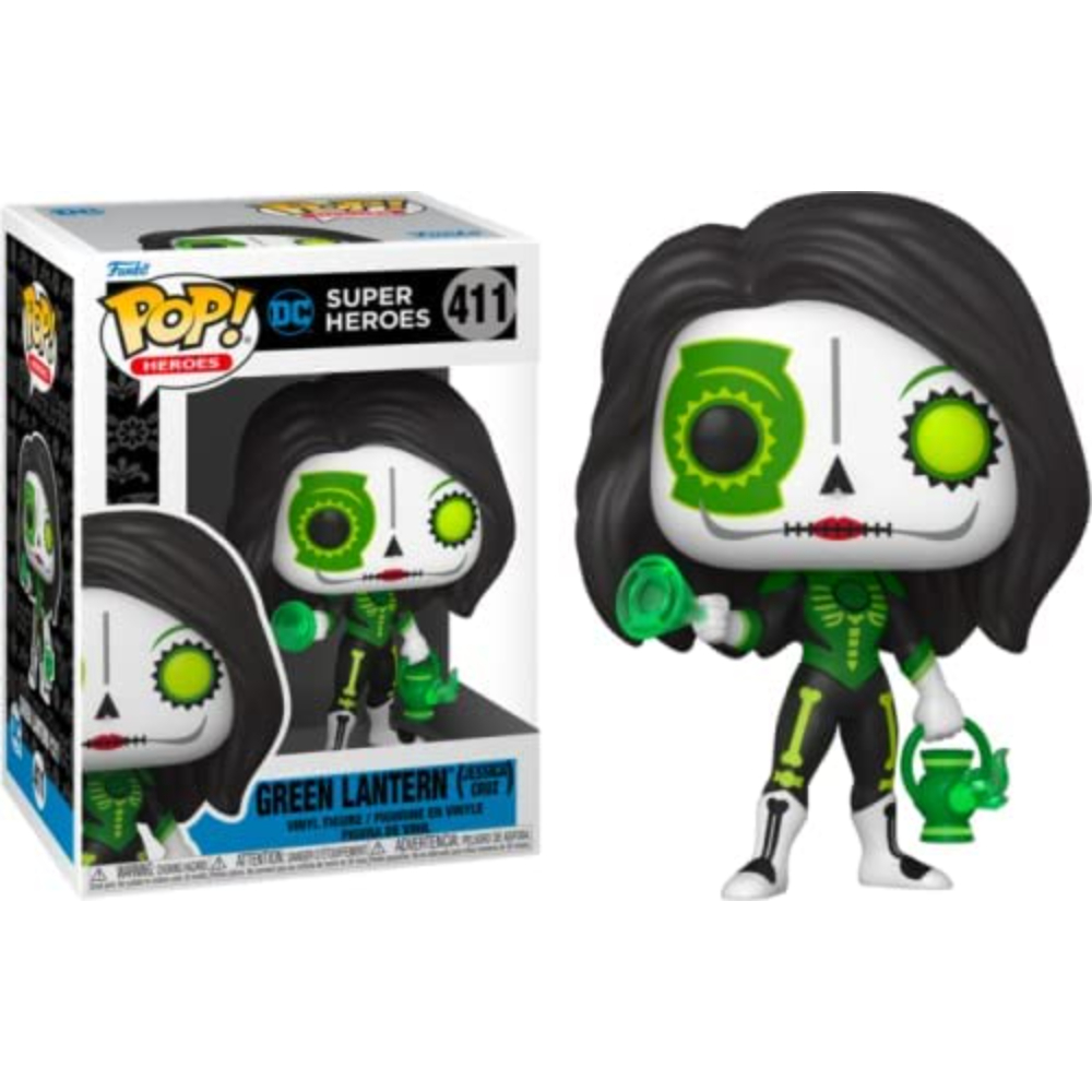Green Lantern Pop! Figur in und außerhalb der Box, hält eine Laterne. Weiße Box mit Logos und Text.