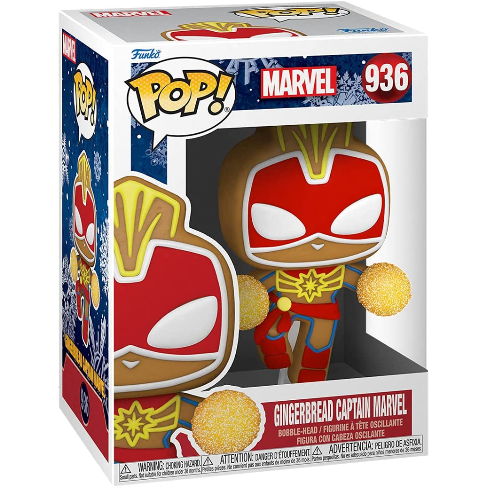 Funko Pop! di Gingerbread Captain Marvel in una scatola a tema invernale.