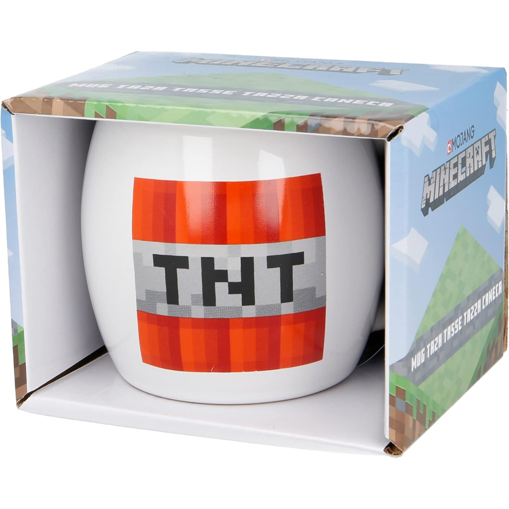 Una taza TNT de Minecraft en su caja, con el logotipo de TNT y el logotipo de Minecraft.