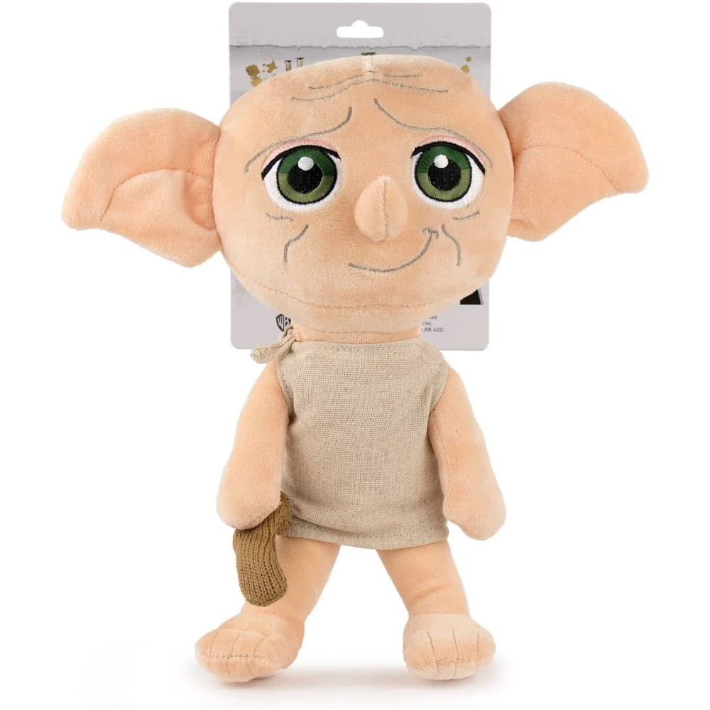 Dobby-Plüschtier mit großen Augen, hält eine Socke, Studioaufnahme.