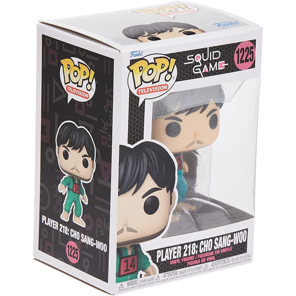 Scatola Funko Pop di Squid Game. Figura di Cho Sang-woo, con il numero 218 sul petto.