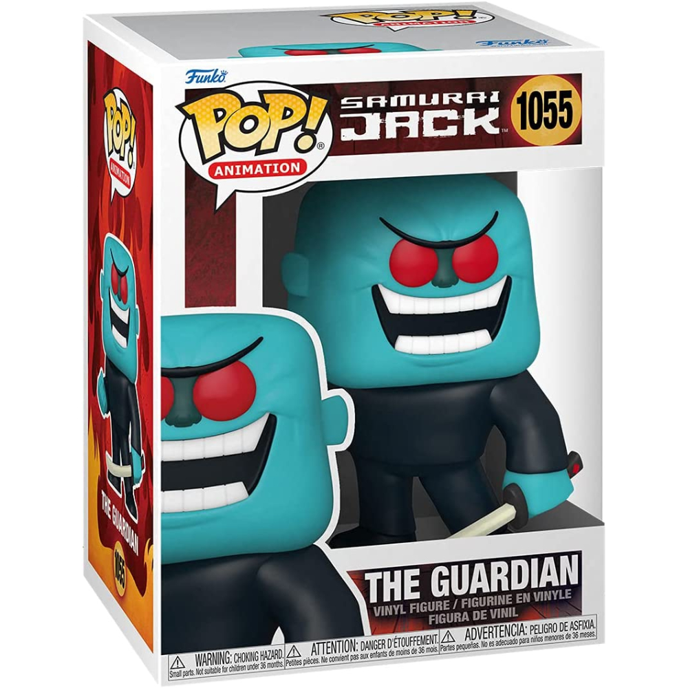 Una caja Funko Pop con una figura de piel azul con ojos rojos, dientes blancos, sosteniendo una espada.