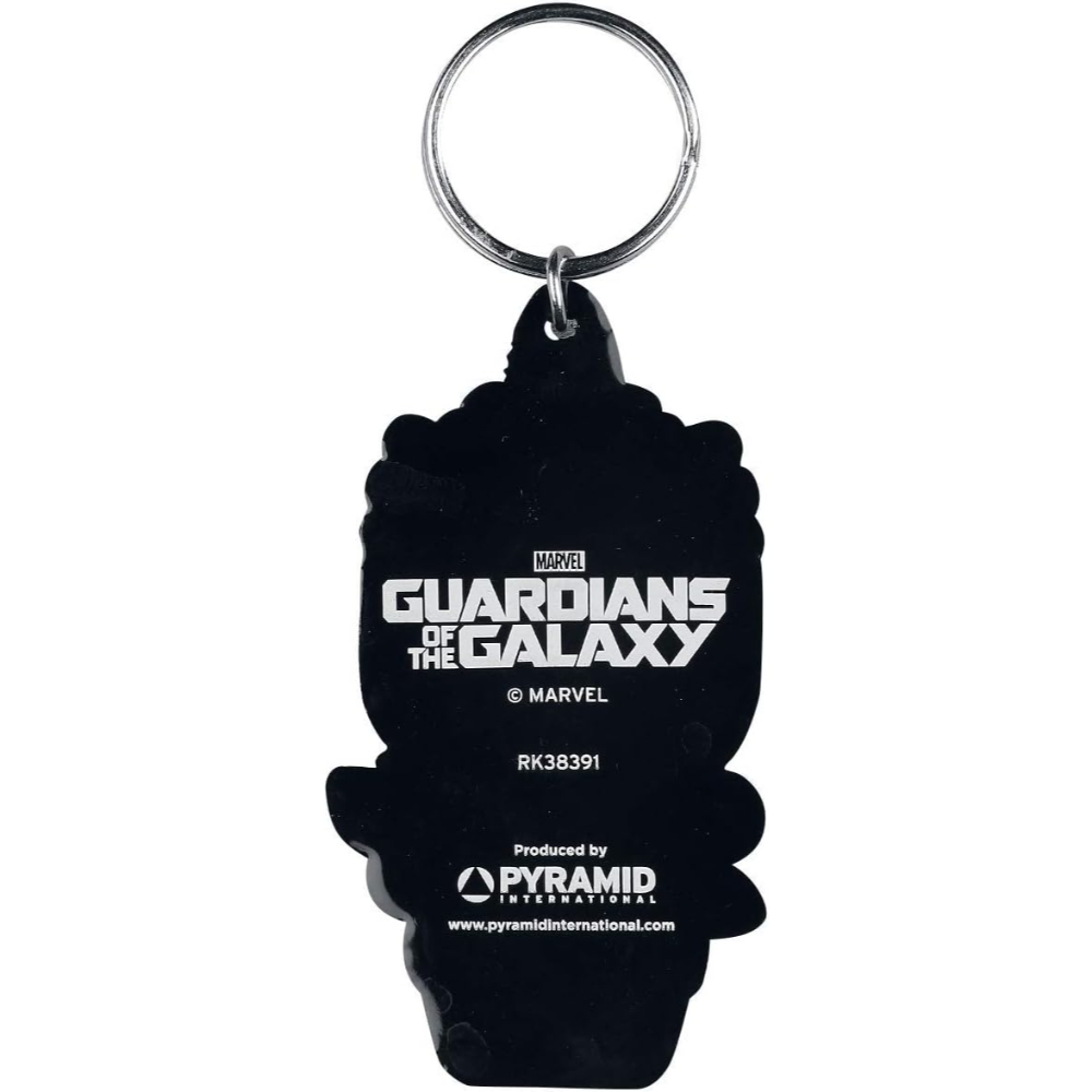 Llavero negro de Guardianes de la Galaxia. Logotipo y texto sobre fondo negro.