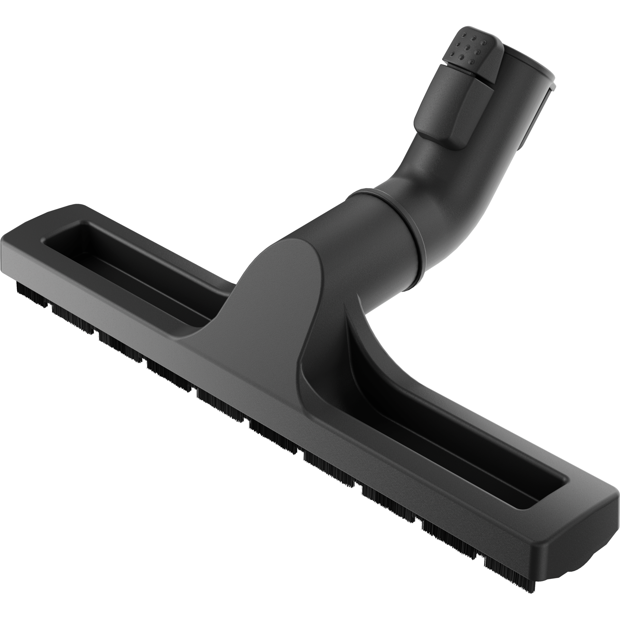 Czarna końcówka do odkurzacza. Ma szczotkę na dole i zakrzywioną szyjkę do przymocowania do odkurzacza.