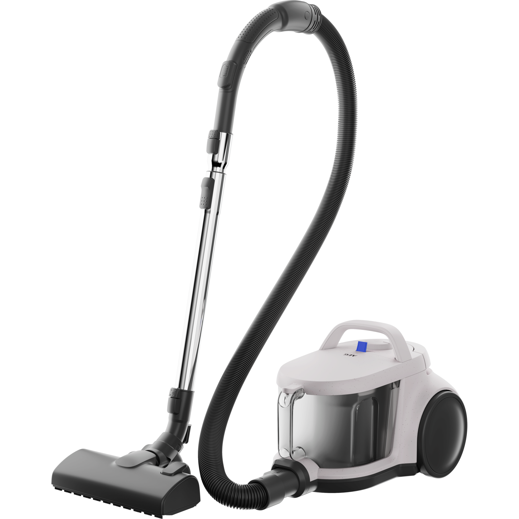 Biało-szary odkurzacz na białym tle.