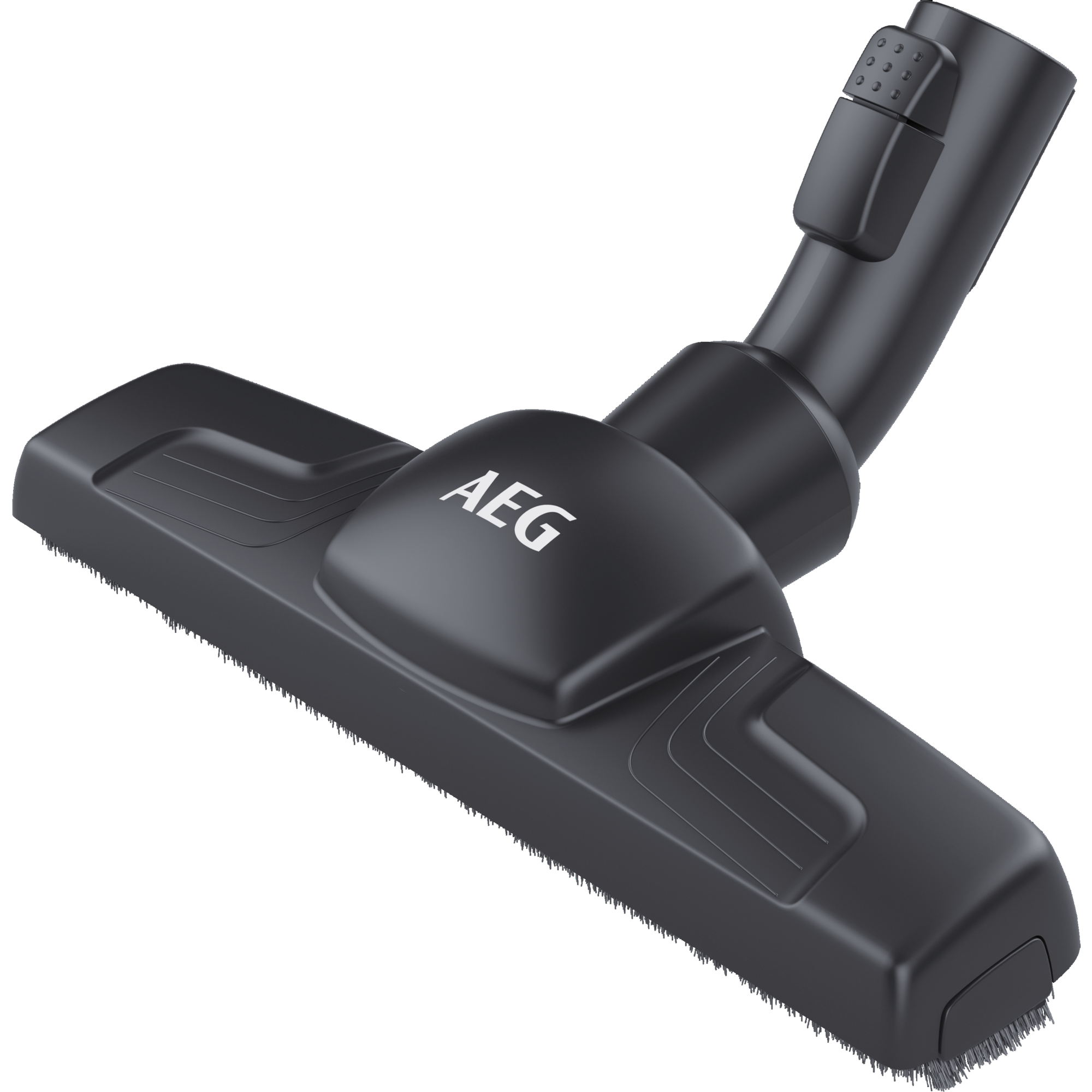 Cabezal de aspiradora negro con el logo de AEG sobre fondo negro.