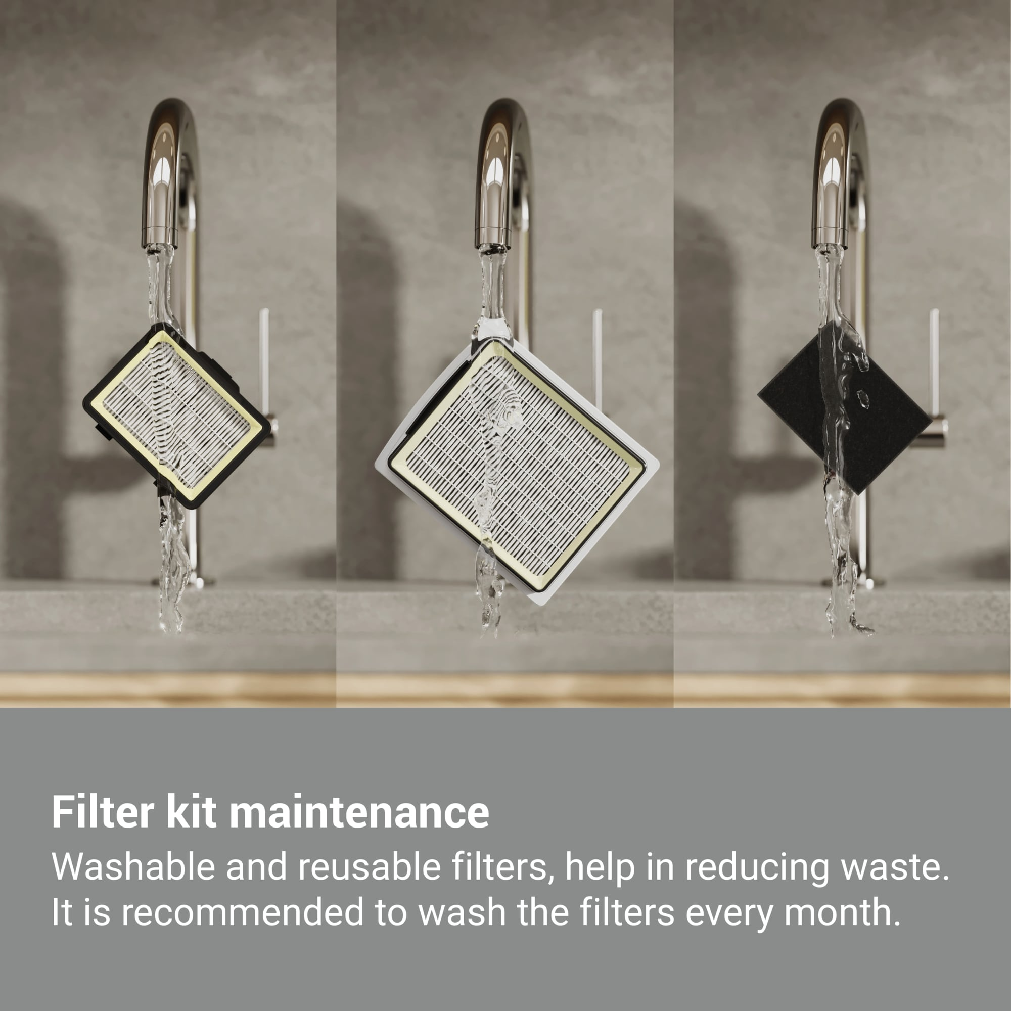 Trzy filtry pod kranem. Woda przez nie przepływa. Wyświetlane są różne rodzaje filtrów.