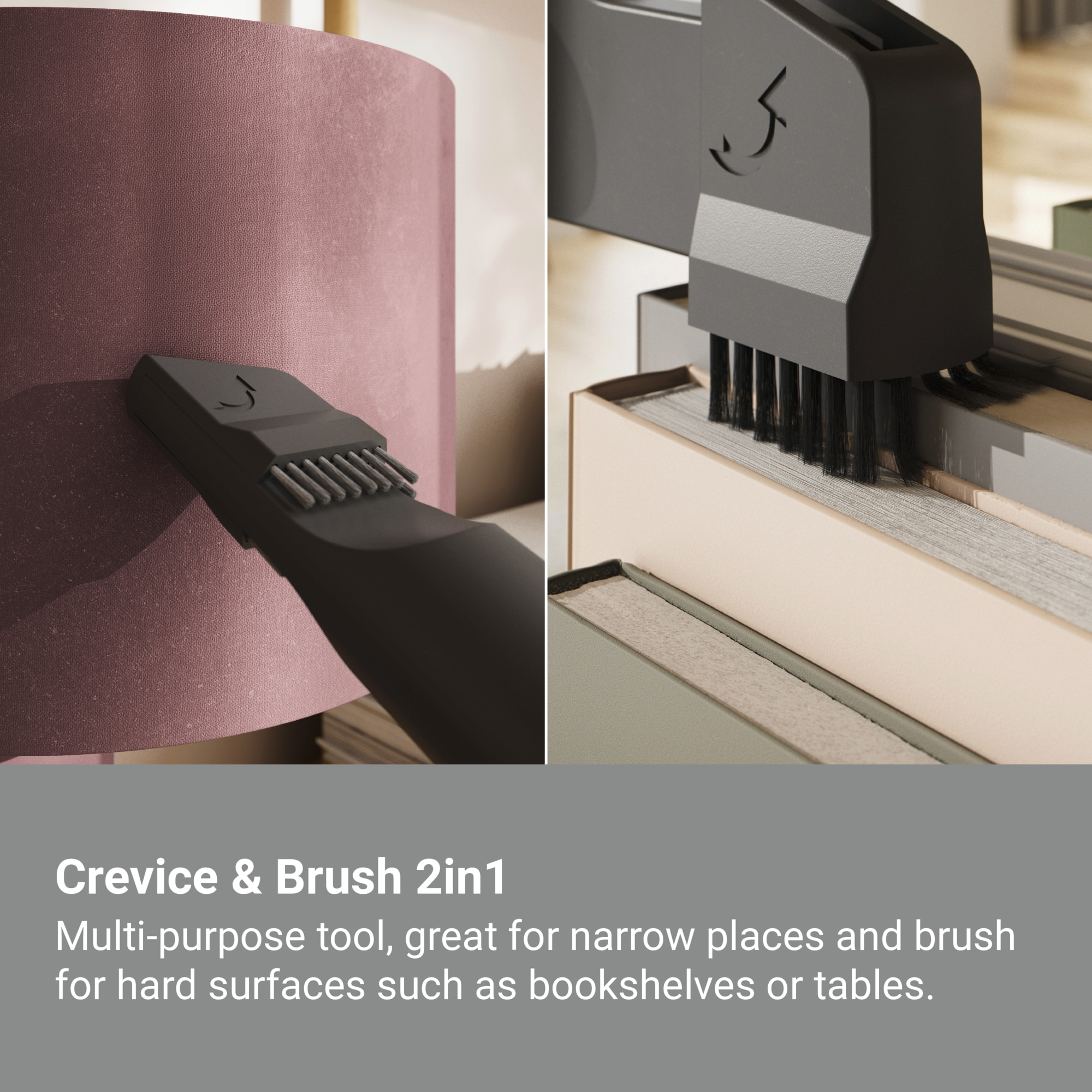 Zbliżenie narzędzia 2 w 1 do szczelin i szczotki, z opisem tekstowym.