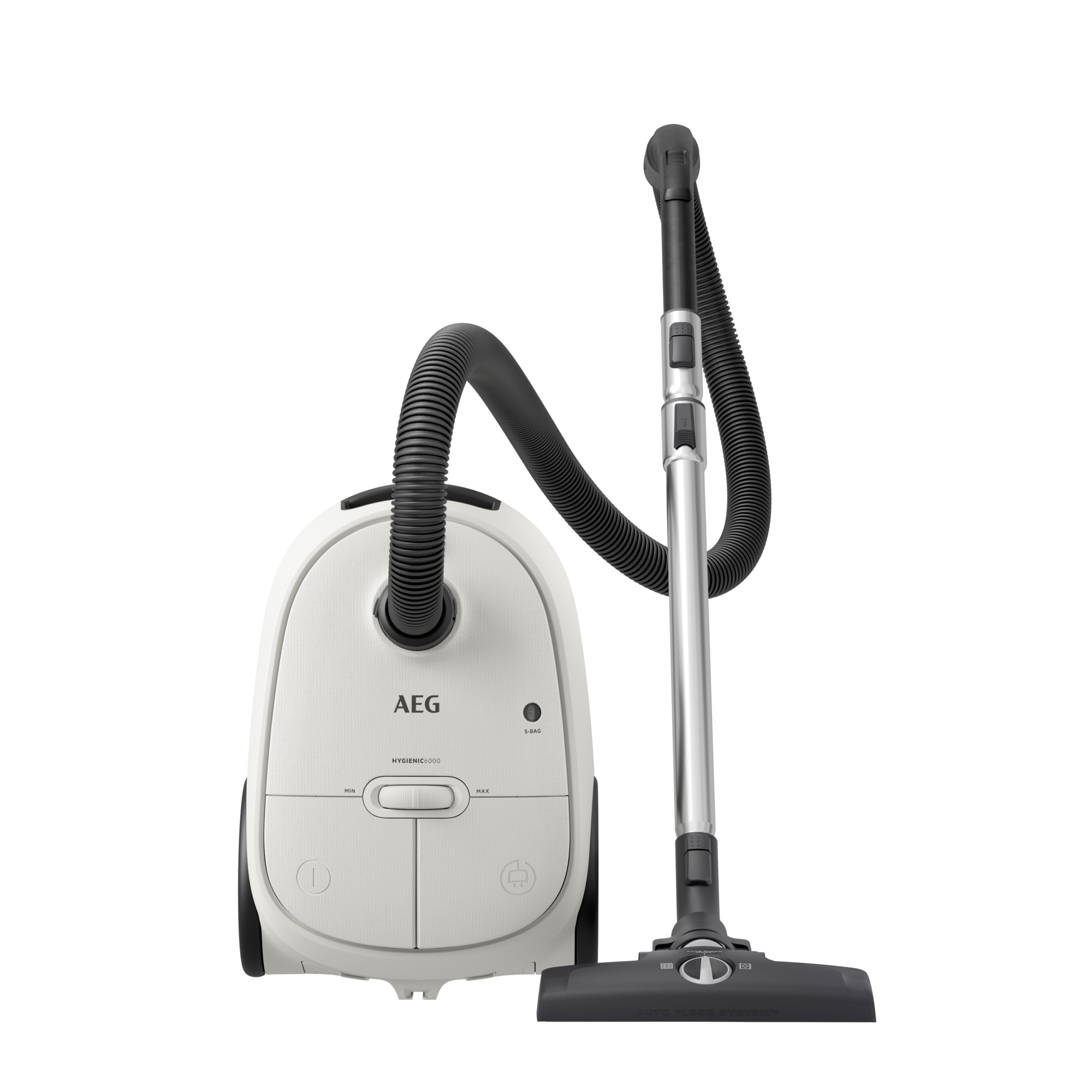 Aspirapolvere AEG bianco con tubo e accessori neri su sfondo nero.