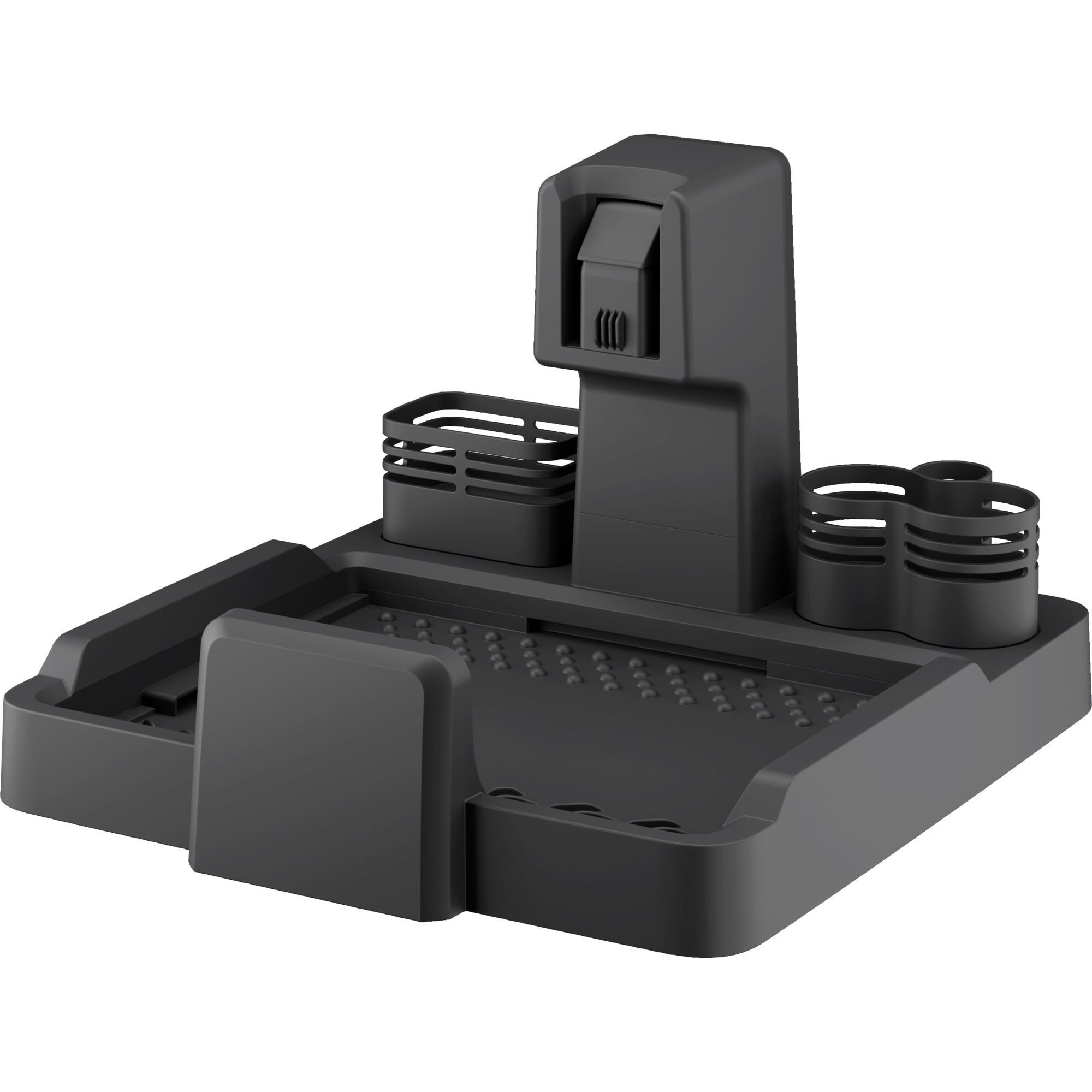 Organizador de cocina gris para lavar platos. Contiene utensilios, una esponja y un dispensador.