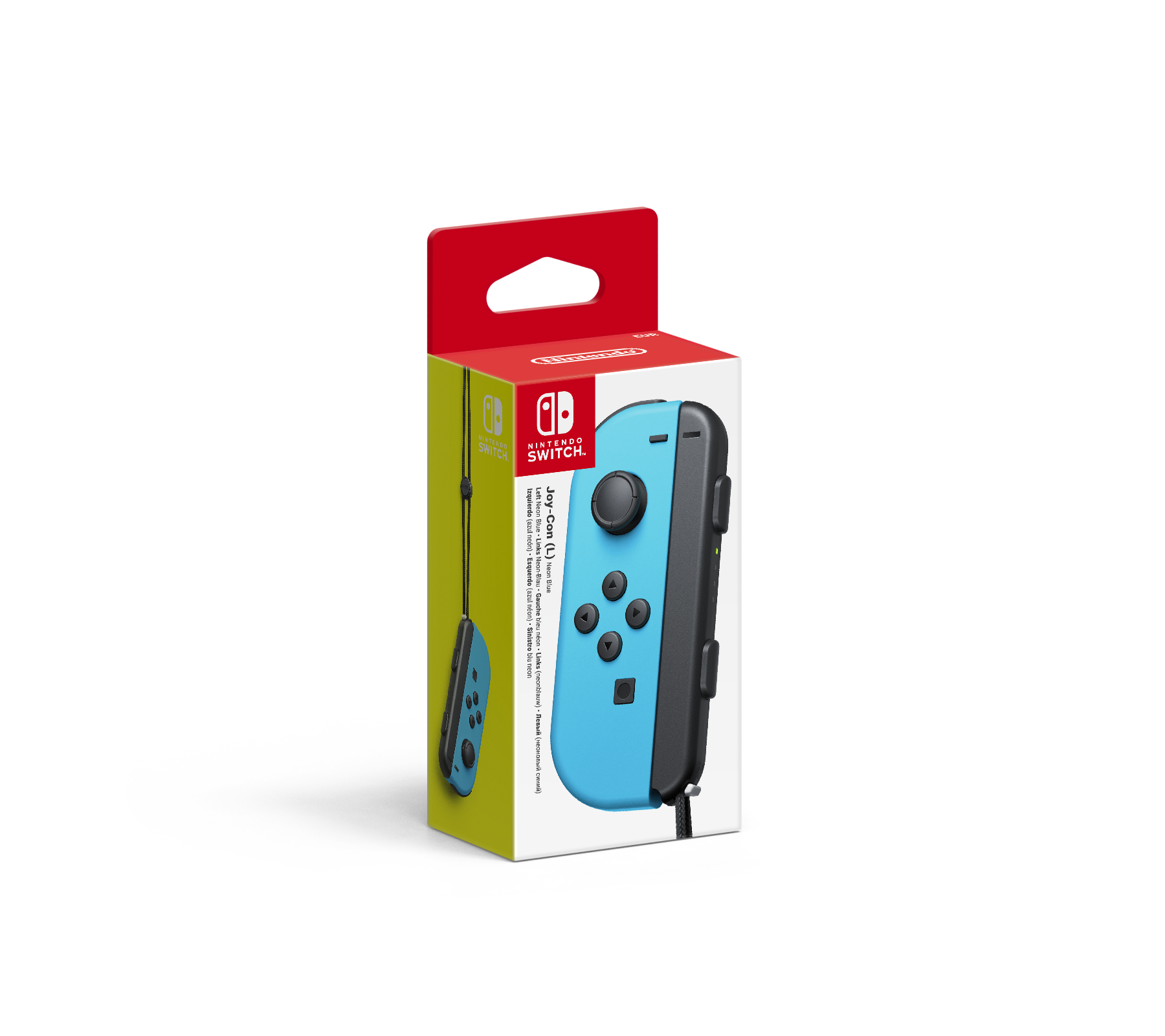 Niebieski i czarny kontroler Joy-Con do Nintendo Switch w pudełku.