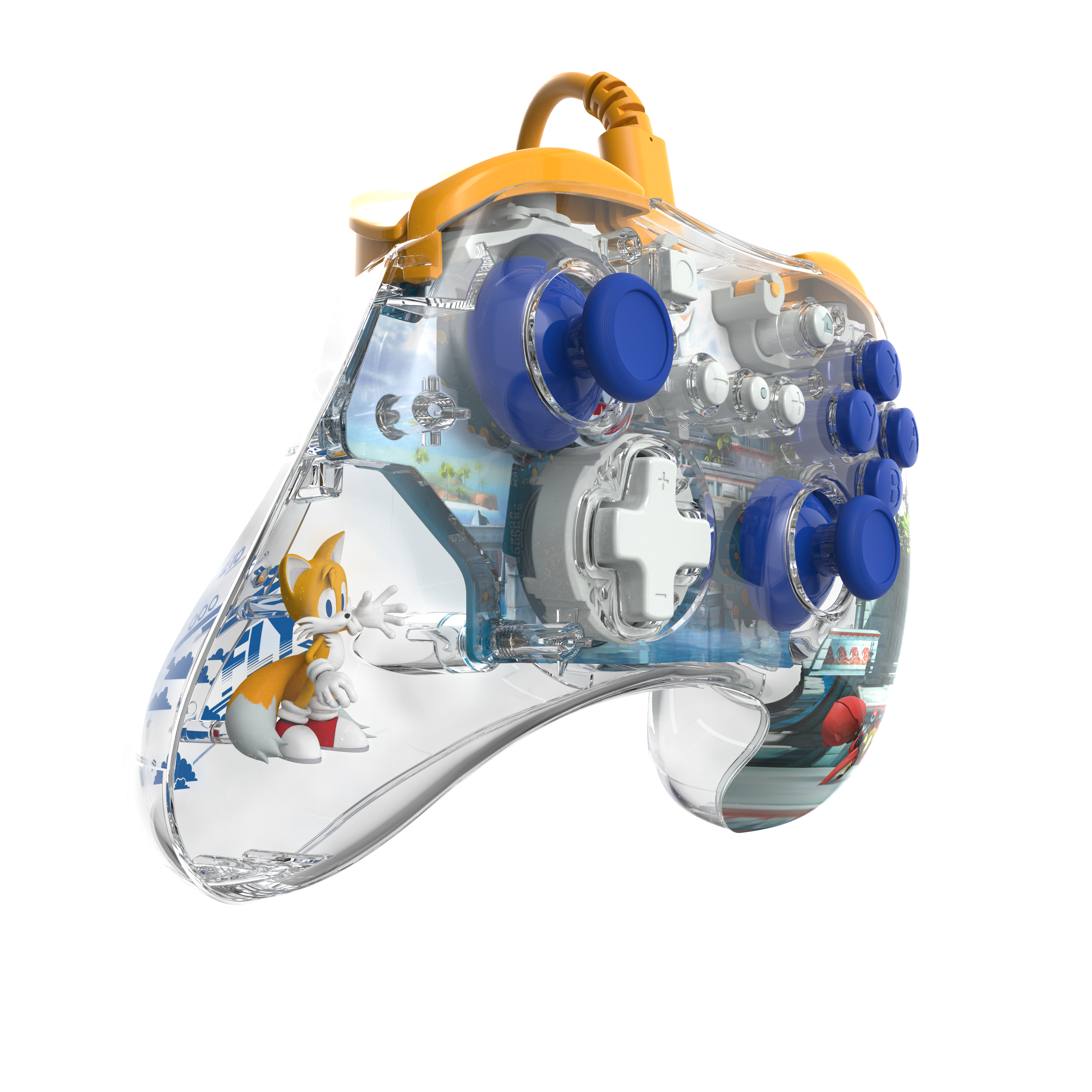 Przezroczysty kontroler z postaciami Sonica i niebieskimi przyciskami. Żółty kabel.